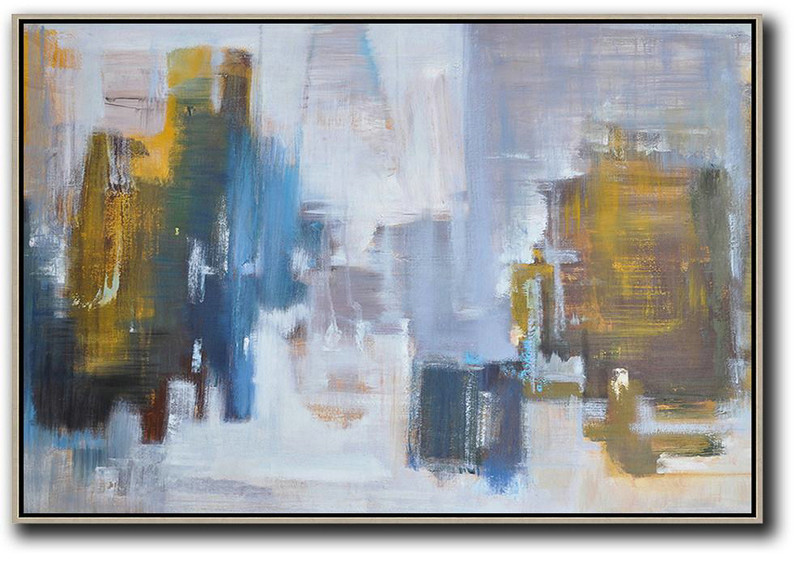 Horizontal Abstract Landscape Oil Painting On Canvas,Hand Painted Abstract Art,White,Blue,Earthy Yellow,Grey